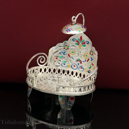 Silver throne 925 sterling silver handcrafted small sinhasan, idol god throne, god statue's stand chair, temple puja god article su529 - TRIBAL ORNAMENTS