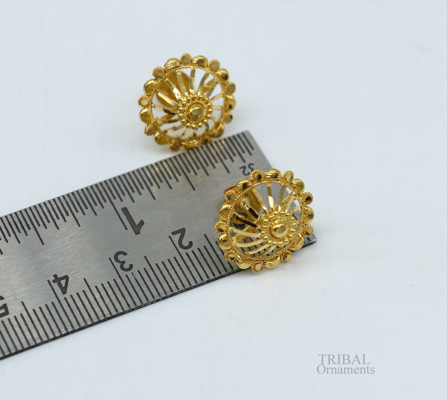 Solid 22Kt yellow gold handmade filigree stud earrings from TRIBAL ORNAMENTS, featuring intricate ethnic jewelry design.