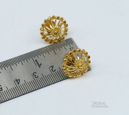 Solid 22Kt yellow gold handmade filigree stud earrings from TRIBAL ORNAMENTS, featuring intricate ethnic jewelry design.