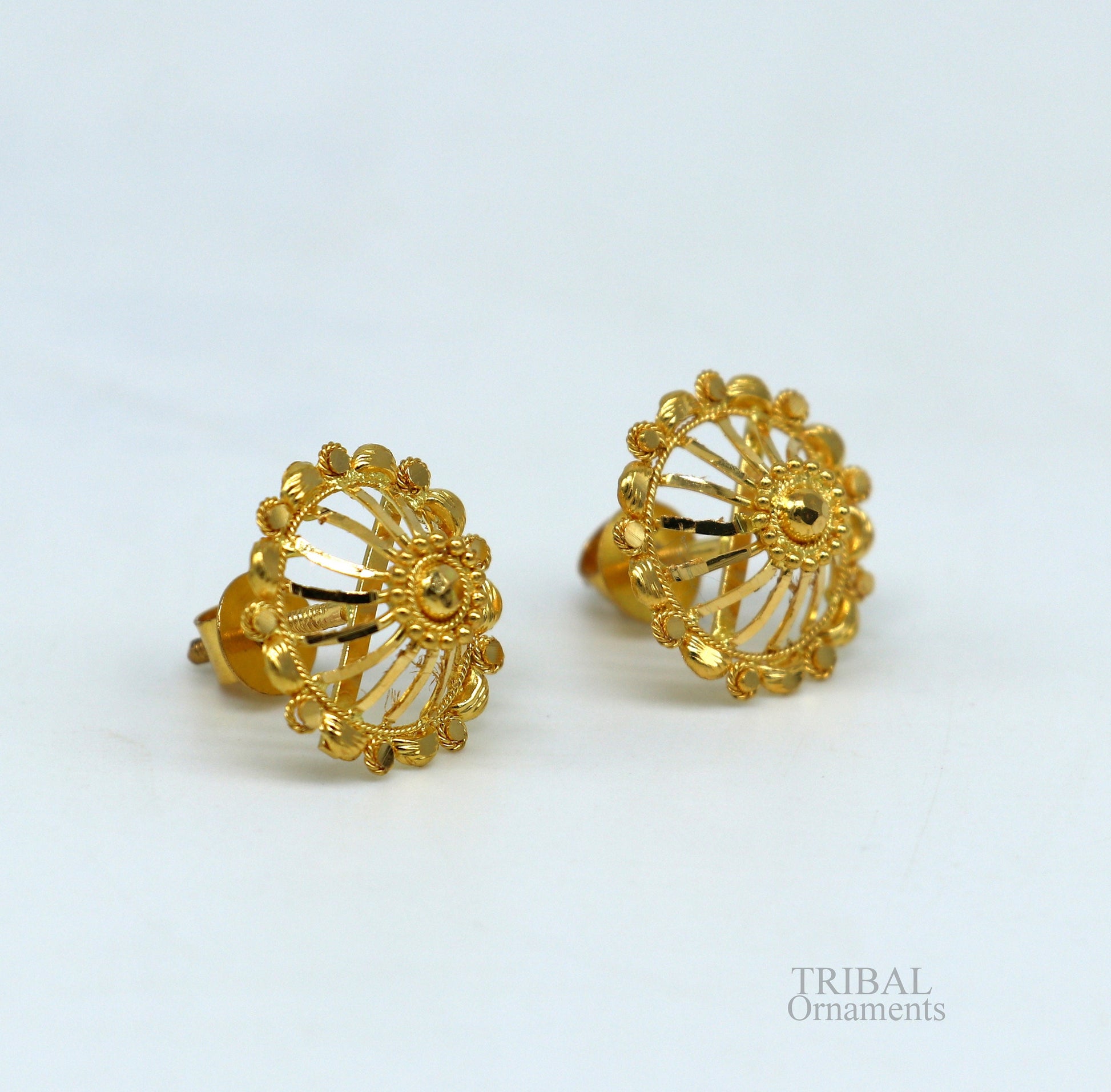 Solid 22K yellow gold handmade filigree stud earrings by TRIBAL ORNAMENTS featuring stylish modern ethnic jewelry design.
