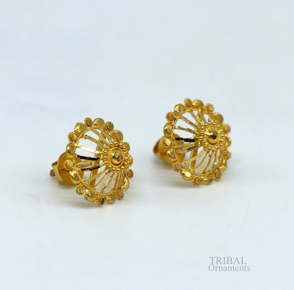 Solid 22K yellow gold handmade filigree stud earrings by TRIBAL ORNAMENTS featuring stylish modern ethnic jewelry design.