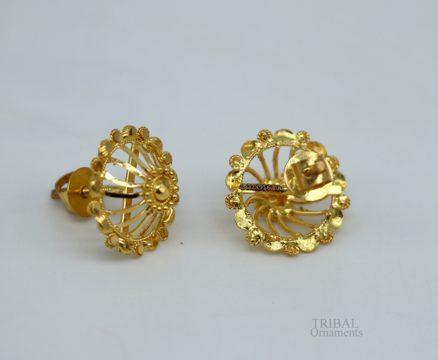 Solid 22Kt yellow gold handmade filigree stud earrings by TRIBAL ORNAMENTS, stylish modern ethnic jewelry for bridal or everyday wear.