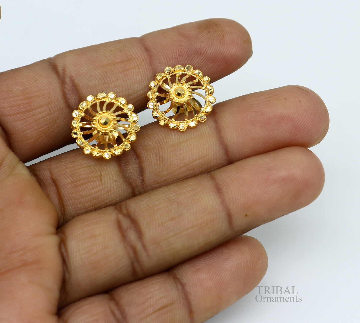 Solid 22Kt yellow gold handmade filigree stud earrings by TRIBAL ORNAMENTS, stylish modern ethnic jewelry for bridal or everyday wear.