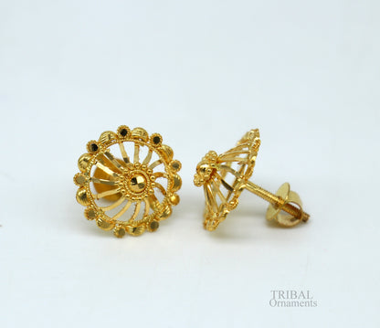 Solid 22Kt yellow gold handmade filigree stud earrings by TRIBAL ORNAMENTS, stylish modern ethnic jewelry for bridal or everyday wear.