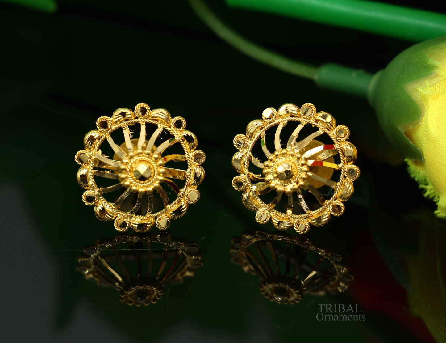 Solid 22Kt yellow gold handmade filigree stud earrings by TRIBAL ORNAMENTS, showcasing intricate ethnic jewelry design.