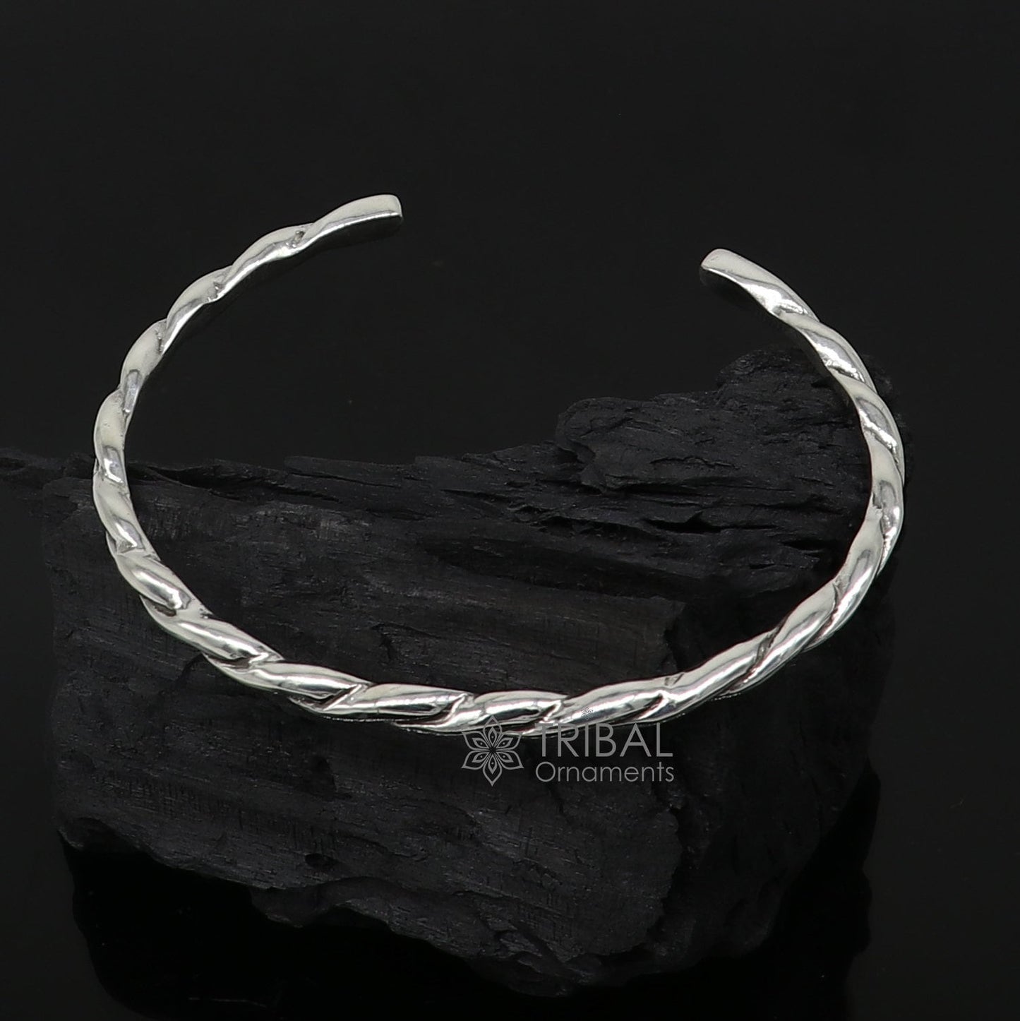 Solid 4mm 925 sterling silver twisting design cuff bracelet by TRIBAL ORNAMENTS, modern trendy unisex bangle jewelry.
