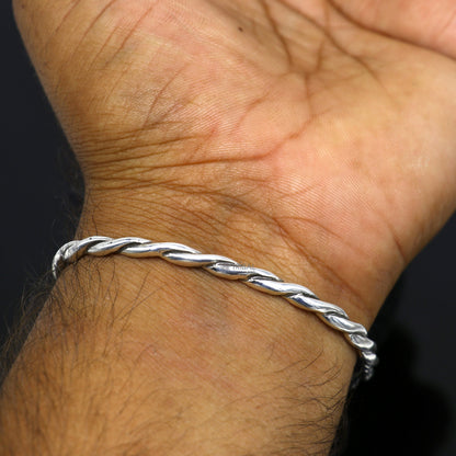 Sterling silver twisting design cuff bracelet, unisex modern bangle, 4mm solid 925 silver, stylish tribal ornament jewelry.