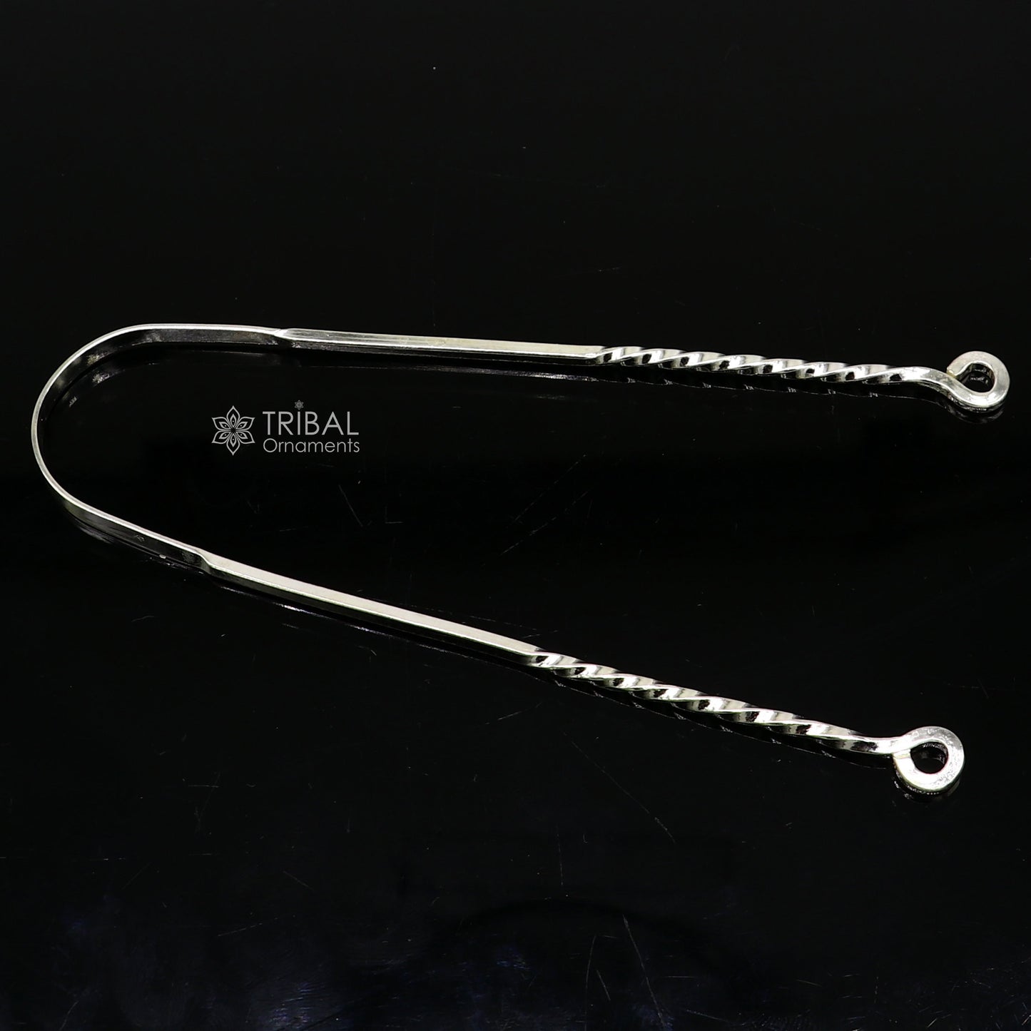 Solid 925 silver handmade U-shaped tongue cleaner, 11 inches long, with intricate tribal design, healthy mouth cleaning tool.
