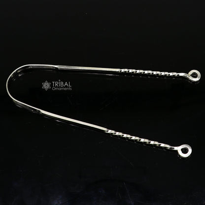 Solid 925 silver handmade U-shaped tongue cleaner, 11 inches long, with intricate tribal design, healthy mouth cleaning tool.