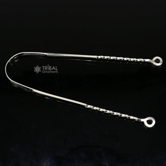 Solid 925 silver handmade U-shaped tongue cleaner, 11 inches long, with intricate tribal design, healthy mouth cleaning tool.