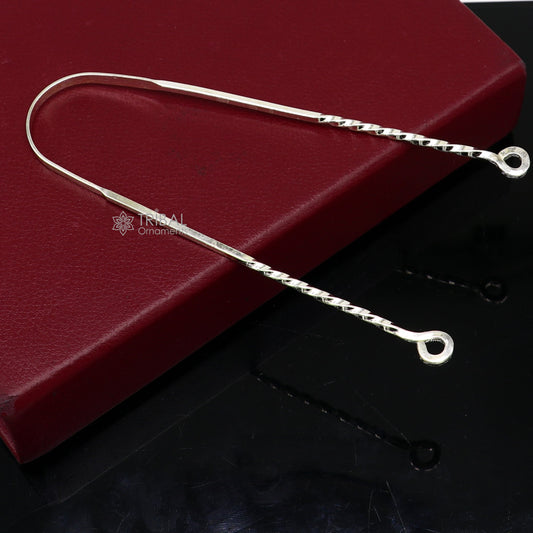 Handmade 925 silver tongue cleaner, 11-inch U-shape mouth health tool with tribal design, ideal for oral hygiene and gift-giving.