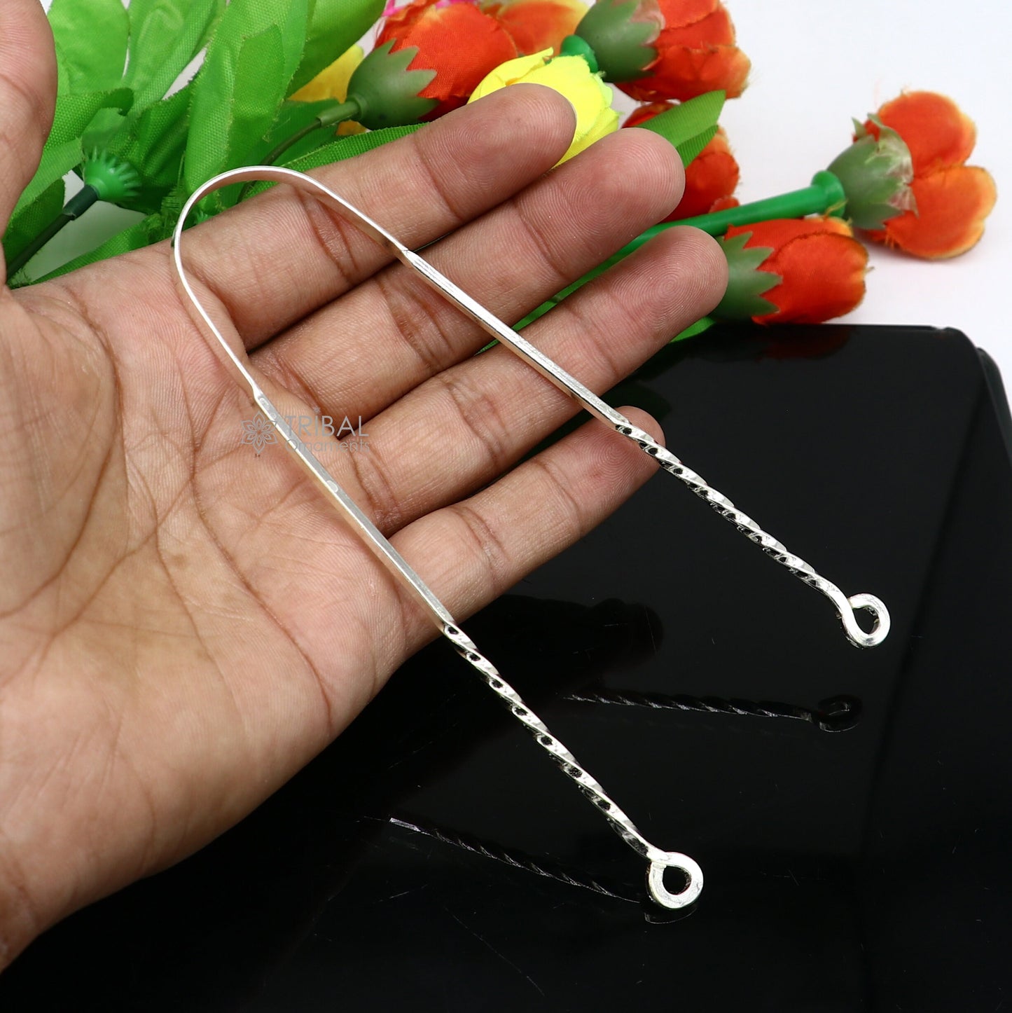 Solid 925 silver handmade tongue cleaner in U-shape, 11 inches long, for healthy mouth hygiene, from TRIBAL ORNAMENTS.
