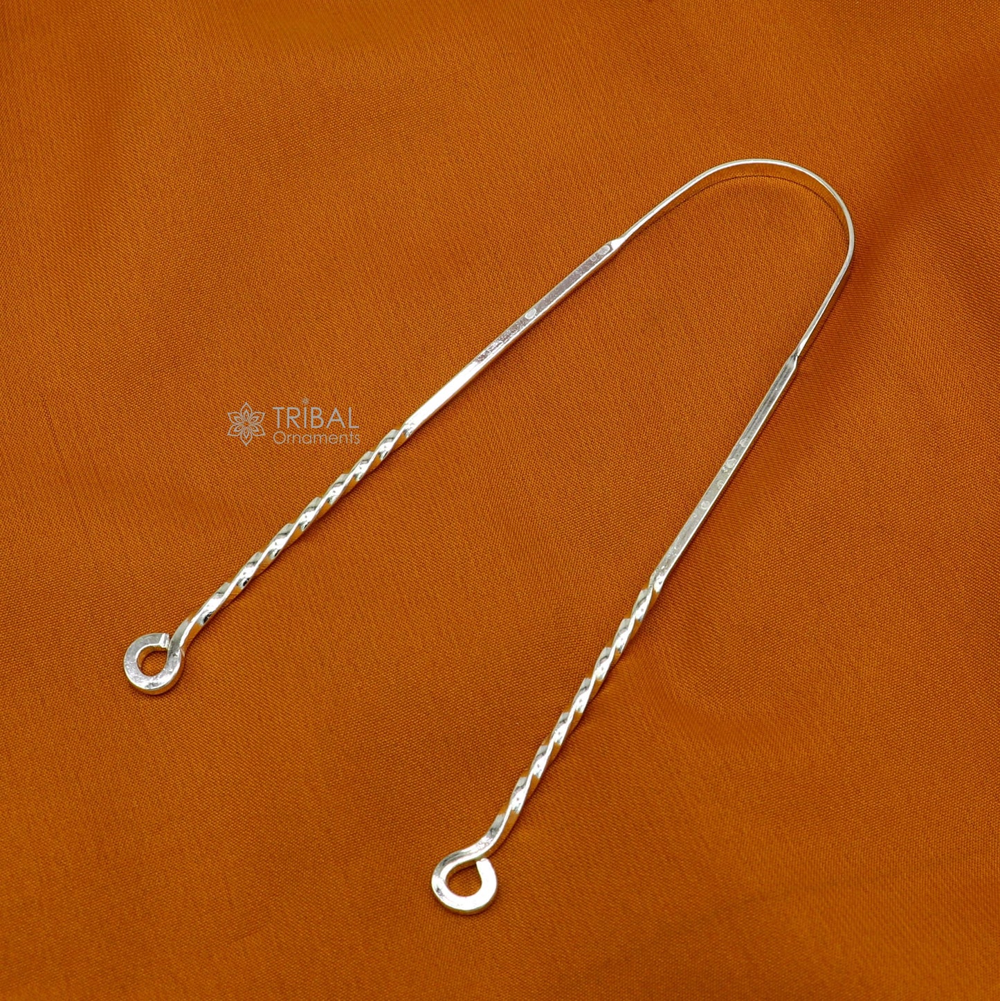 Solid 925 silver handmade tongue cleaner, 11-inch U-shape dental hygiene tool by Tribal Ornaments for healthy mouth care.