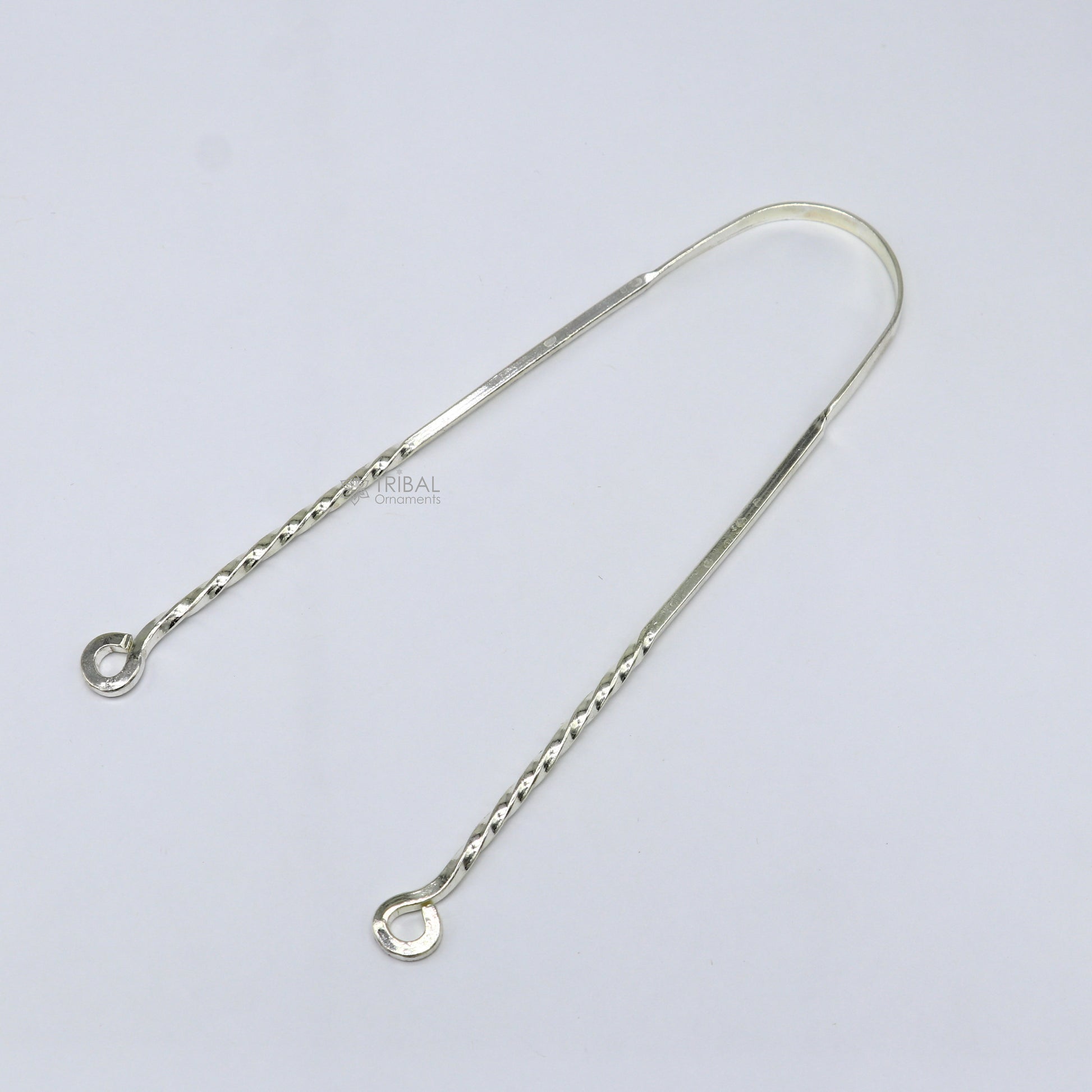Solid 925 silver handmade tongue cleaner in U-shape, 11 inches long, with detailed craftsmanship for oral hygiene and health.