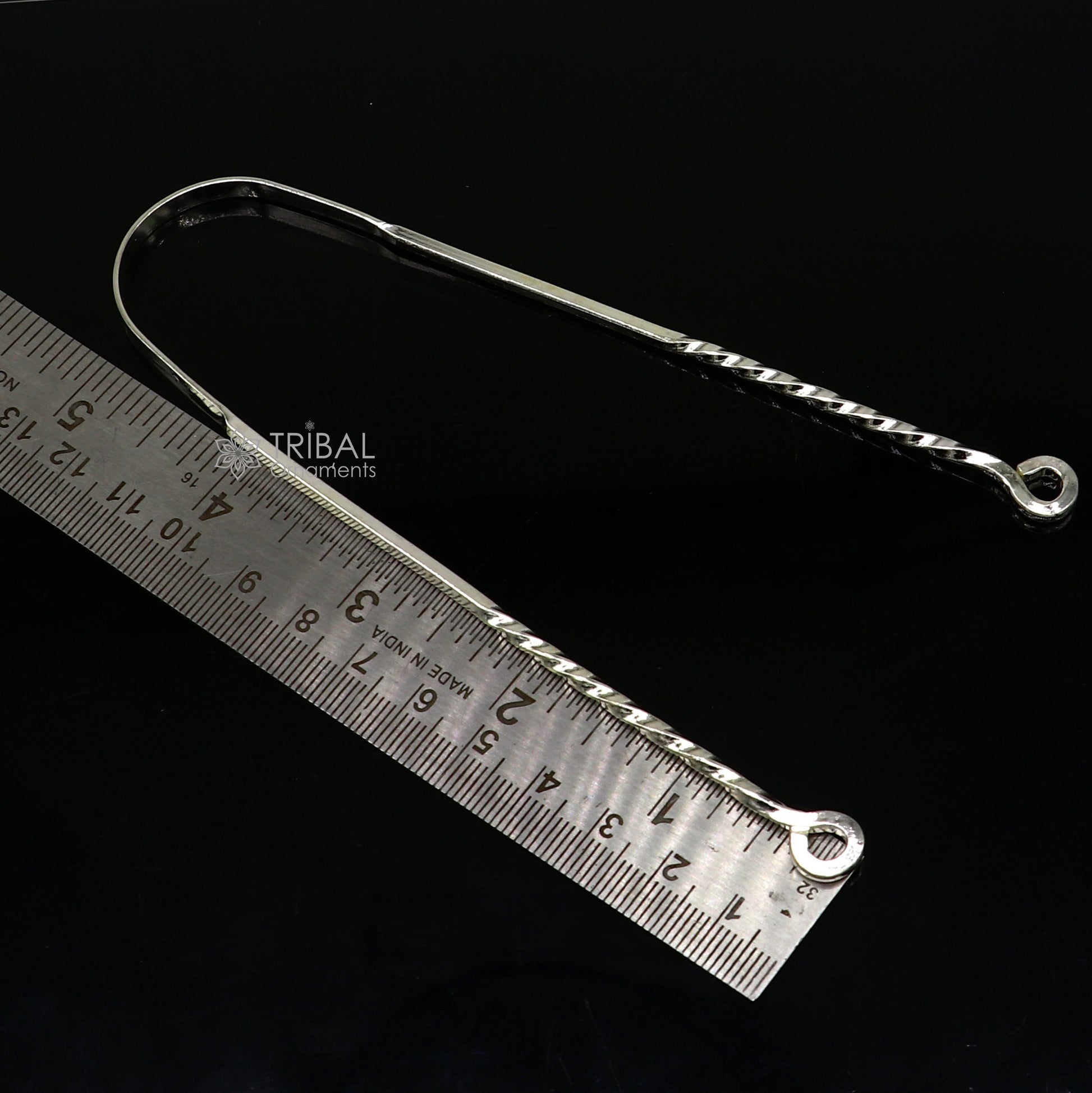 Solid 925 silver handmade U-shaped tongue cleaner from TRIBAL ORNAMENTS, 11 inches long, designed for healthy mouth hygiene.