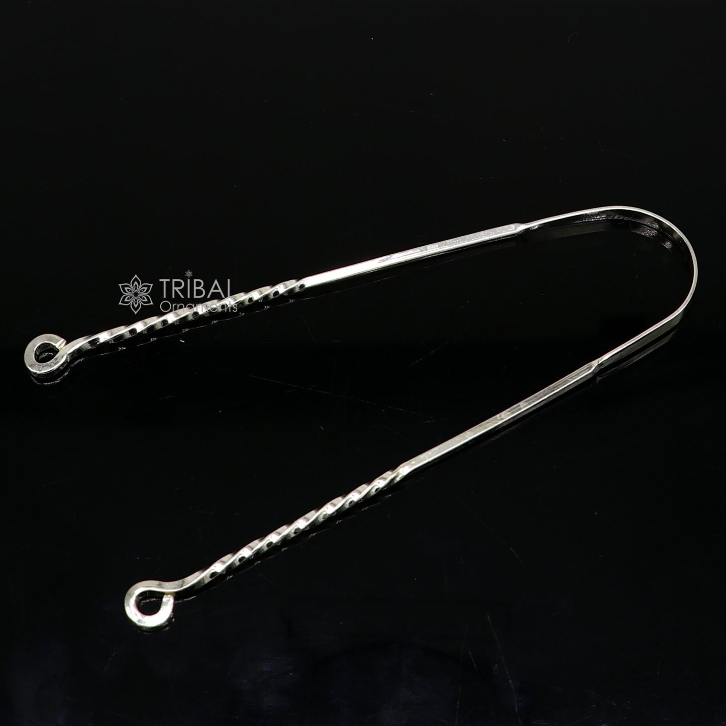 Solid 925 silver handmade tongue cleaner, 11-inch U-shape mouth hygiene tool by Tribal Ornaments for healthy oral care.