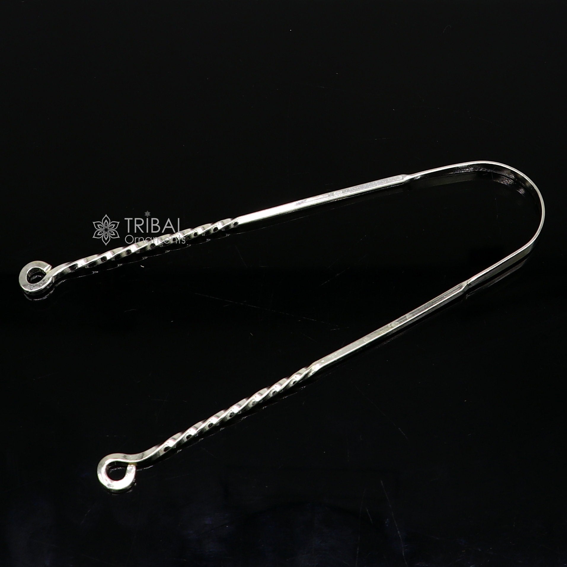 Solid 925 silver handmade tongue cleaner, 11-inch U-shape mouth hygiene tool by Tribal Ornaments for healthy oral care.