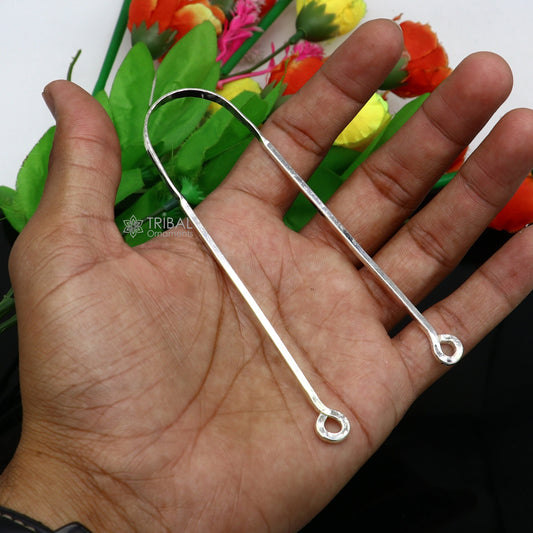 Solid 925 silver handmade tongue cleaner, 9-inch U-shape mouth health tool by TRIBAL ORNAMENTS, with a polished finish.