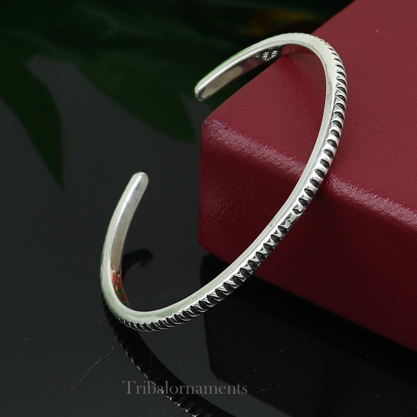 925 sterling silver adjustable cuff bangle bracelet by TRIBAL ORNAMENTS, featuring a smooth, handmade design for unisex gifting jewelry.