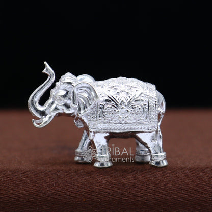 Solid 925 sterling silver handmade elephant statue, small puja figurine for wealth and prosperity, by TRIBAL ORNAMENTS.