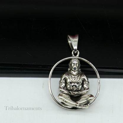 Unisex 925 sterling silver Lord Hanuman pendant featuring intricate tribal design, vintage antique Hindu jewelry by Tribal Ornaments.