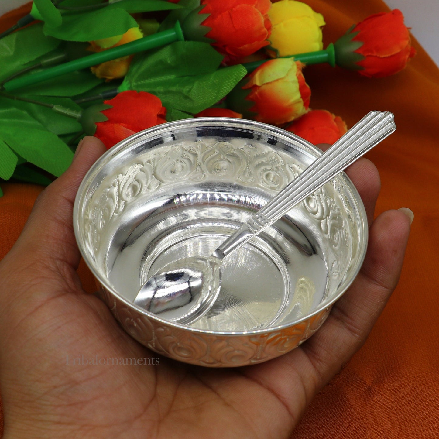 Solid 999 silver handmade vintage kandrai nakshi work bowl, silver puja vessel, silver worshipping/puja utensils bowl baby bowl set sv247 - TRIBAL ORNAMENTS