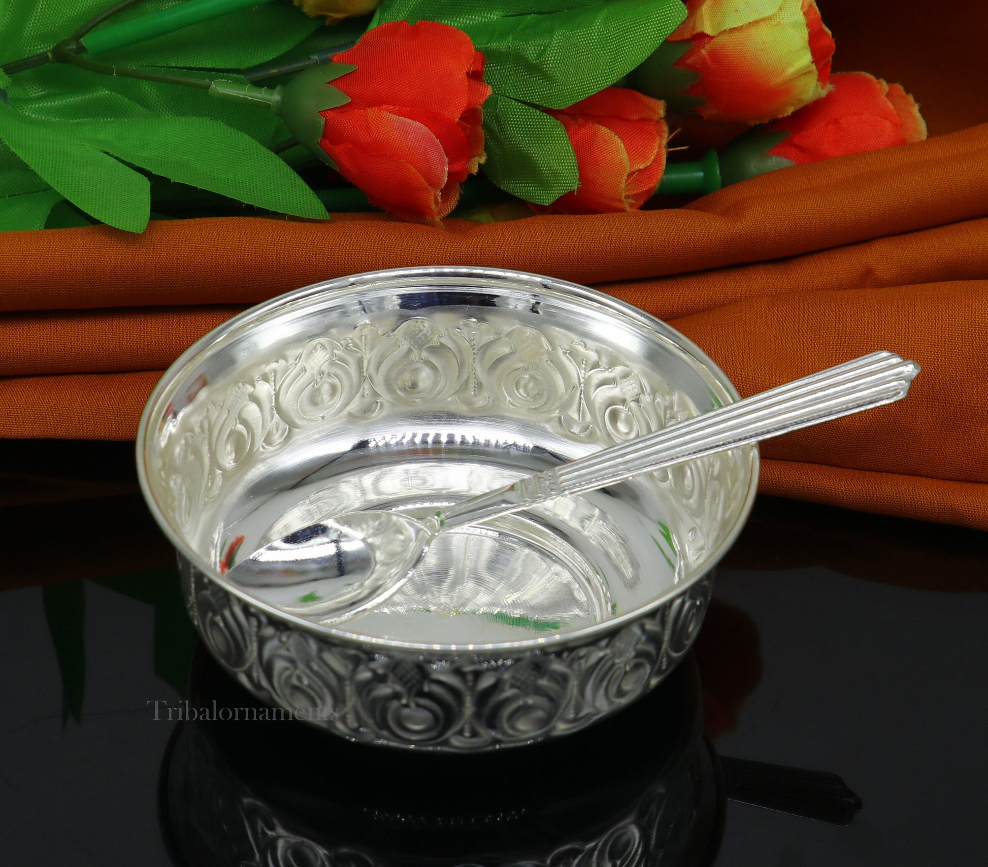 Solid 999 silver handmade vintage kandrai nakshi work bowl, silver puja vessel, silver worshipping/puja utensils bowl baby bowl set sv247 - TRIBAL ORNAMENTS