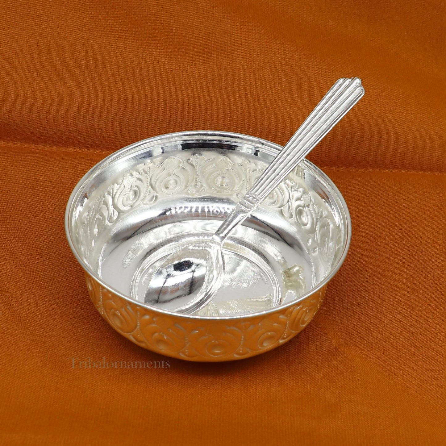 Solid 999 silver handmade vintage kandrai nakshi work bowl, silver puja vessel, silver worshipping/puja utensils bowl baby bowl set sv247 - TRIBAL ORNAMENTS