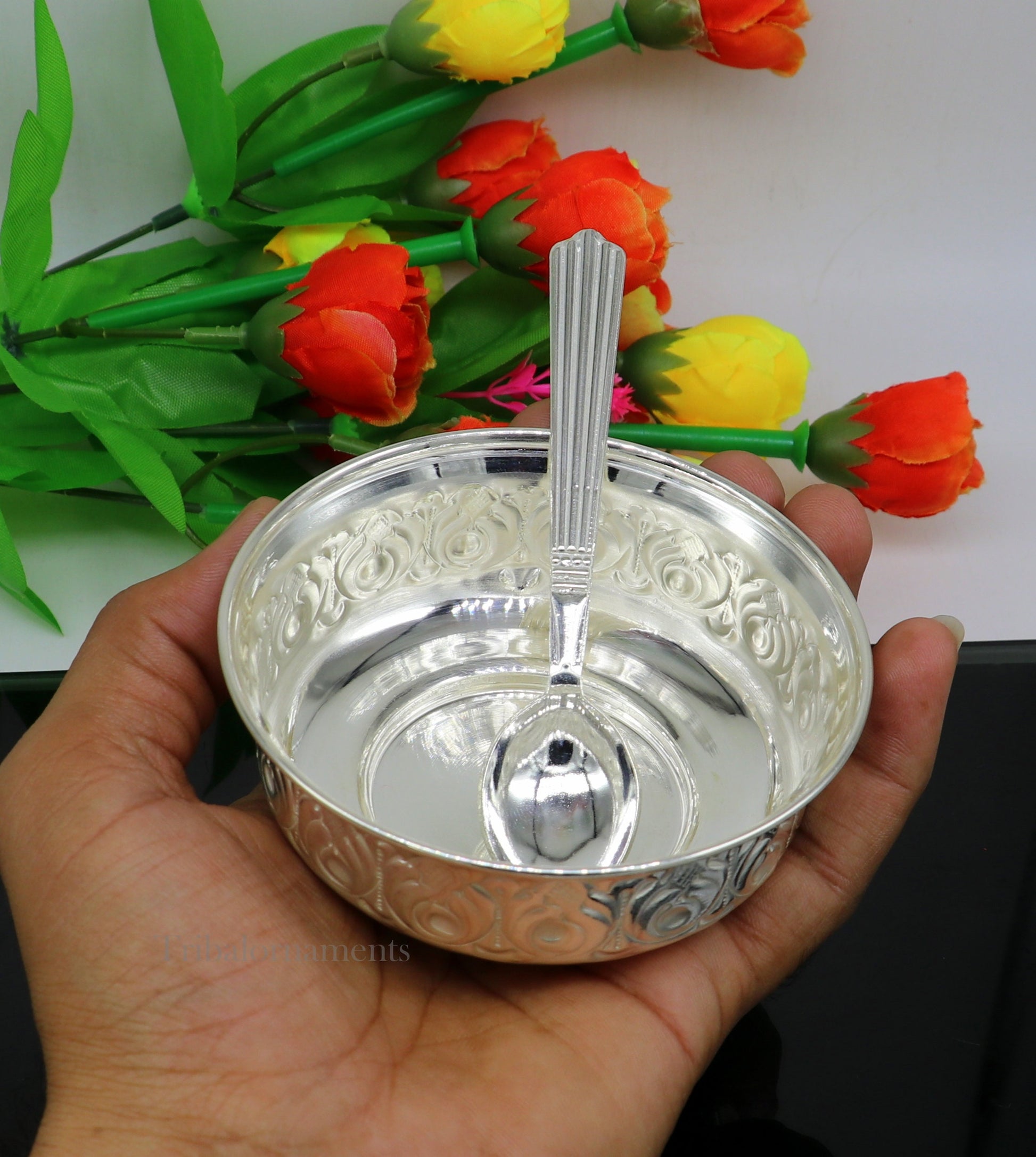 Solid 999 silver handmade vintage kandrai nakshi work bowl, silver puja vessel, silver worshipping/puja utensils bowl baby bowl set sv247 - TRIBAL ORNAMENTS