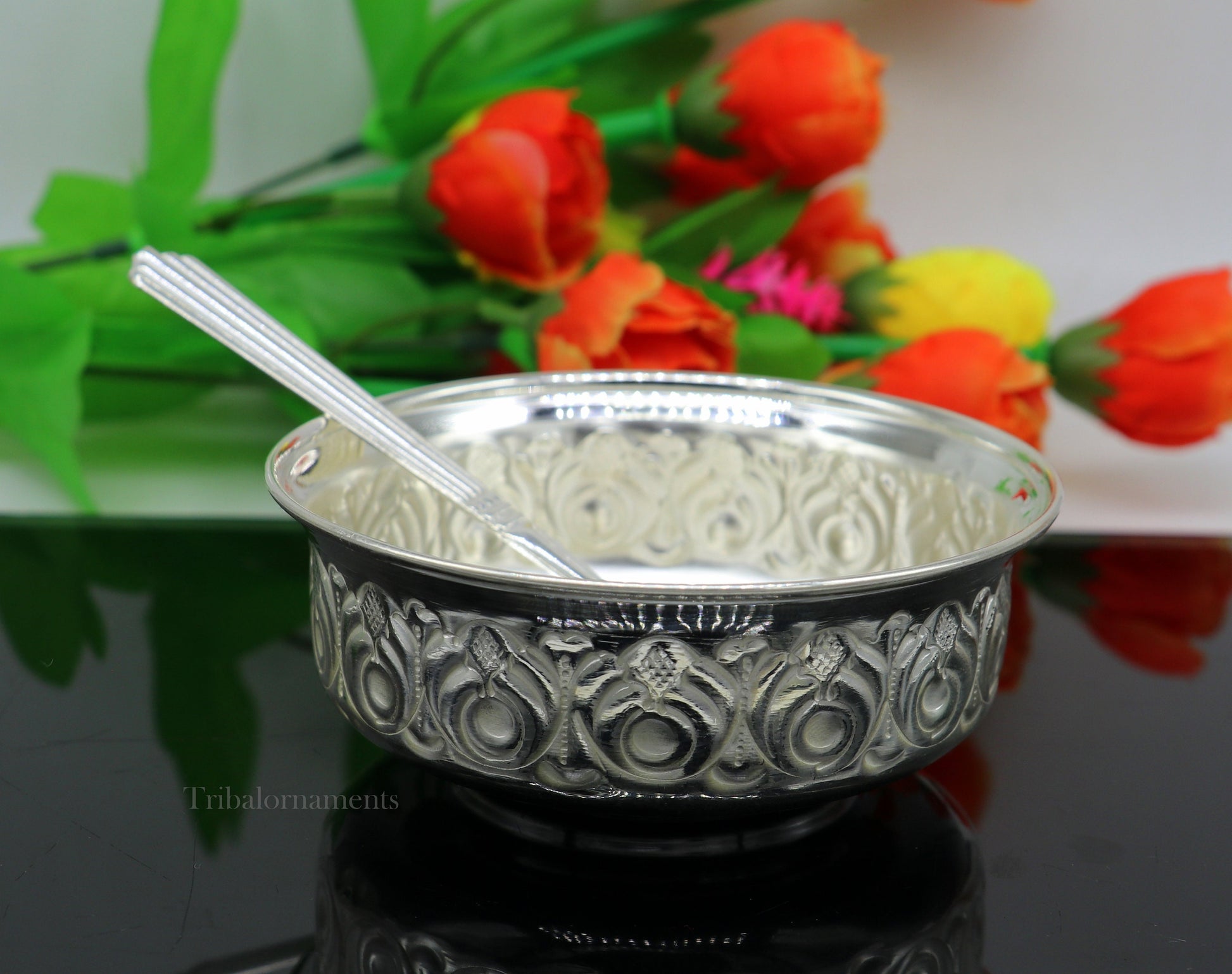 Solid 999 silver handmade vintage kandrai nakshi work bowl, silver puja vessel, silver worshipping/puja utensils bowl baby bowl set sv247 - TRIBAL ORNAMENTS