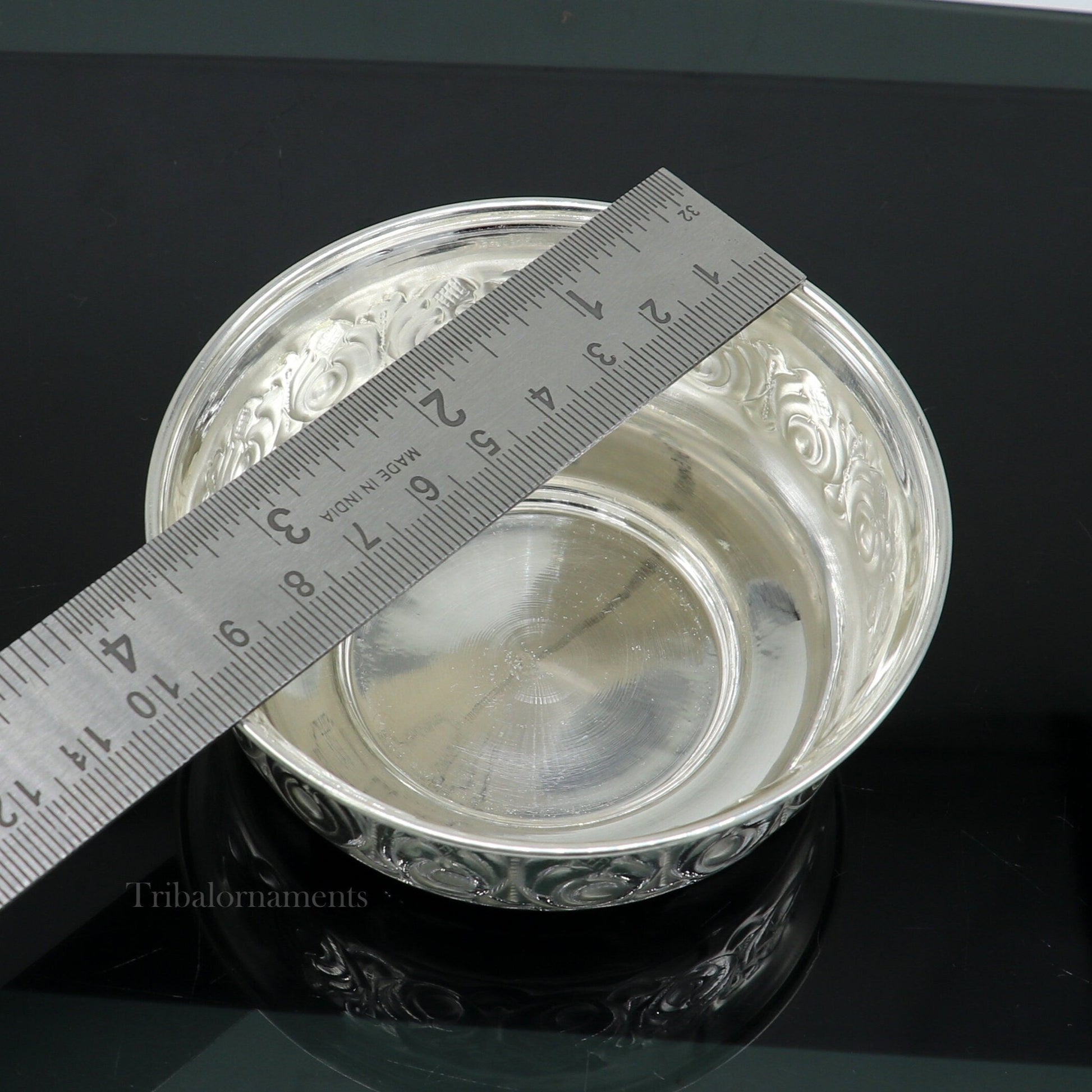 Solid 999 silver handmade vintage kandrai nakshi work bowl, silver puja vessel, silver worshipping/puja utensils bowl baby bowl set sv247 - TRIBAL ORNAMENTS