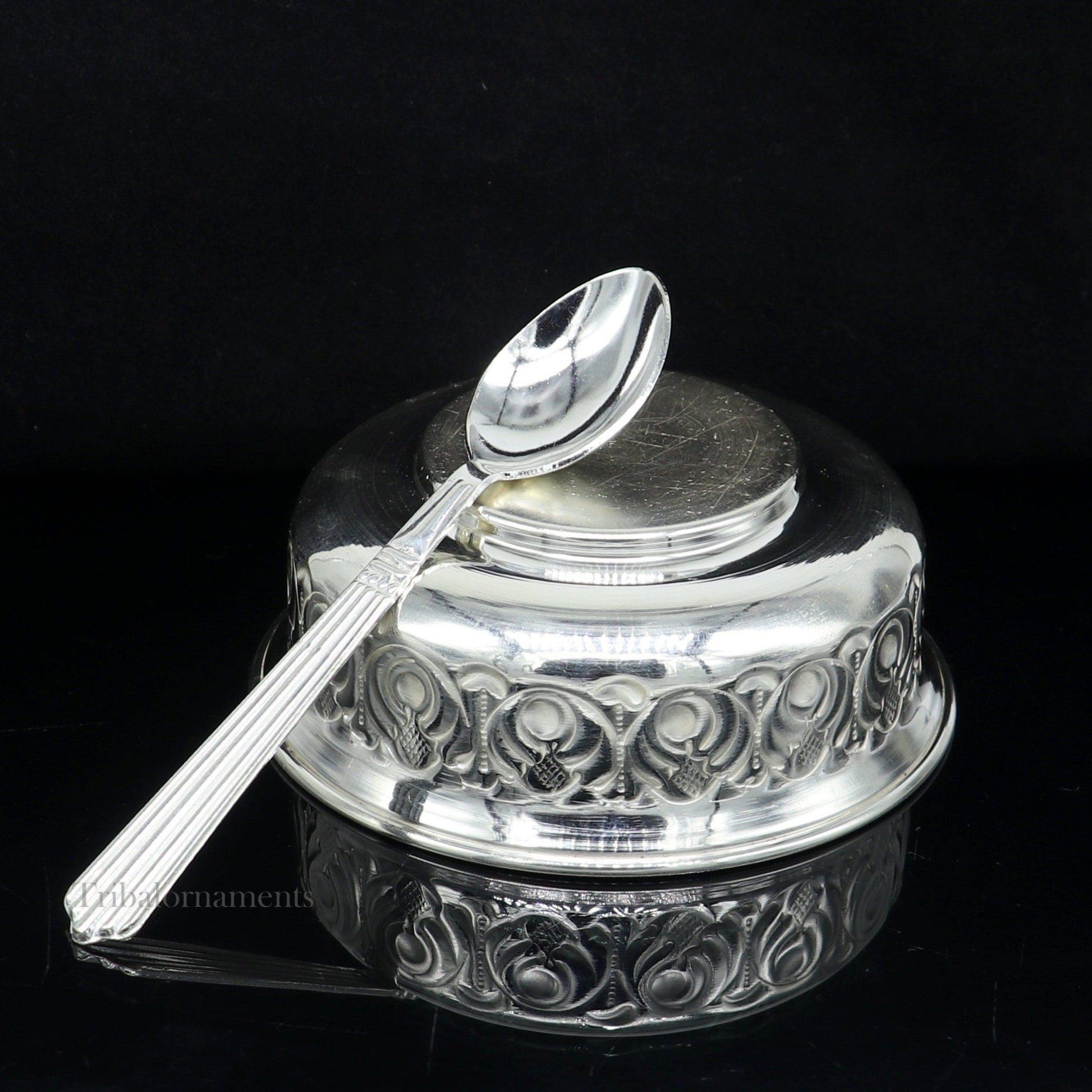 Solid 999 silver handmade vintage kandrai nakshi work bowl, silver puja vessel, silver worshipping/puja utensils bowl baby bowl set sv247 - TRIBAL ORNAMENTS