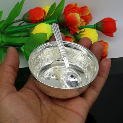 Solid 999 silver handmade vintage kandrai nakshi work bowl, silver puja vessel, silver worshipping/puja utensils prasad bowl baby bowl sv246 - TRIBAL ORNAMENTS