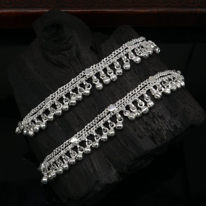 Solid pure silver baby anklet with noisy jingle bells, handmade flexible chain, suitable for newborns, by TRIBAL ORNAMENTS.