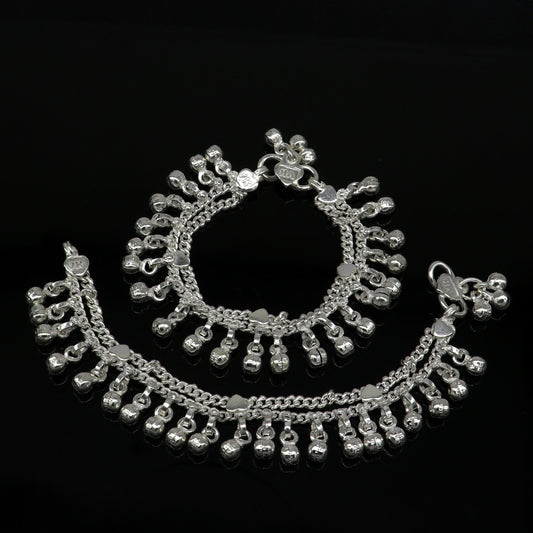 Solid pure silver handmade flexible chain anklets, new born baby anklet with noisy hanging jingle bells, best gift for kids jewelry ank372 - TRIBAL ORNAMENTS