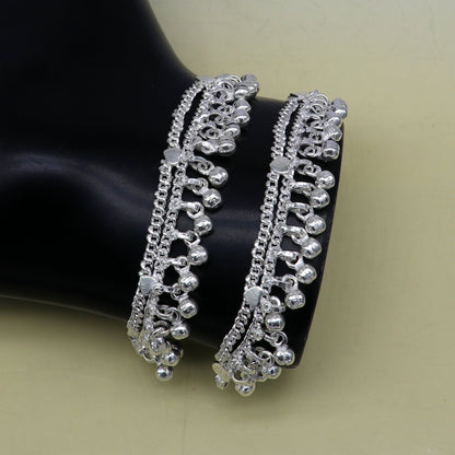 Solid pure silver baby anklet with jingle bells, flexible chain for newborns, handmade tribal jewelry for kids.