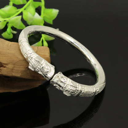 Solid silver crocodile design bangle cuff for men, handcrafted tribal jewelry, adjustable vintage-style bracelet by TRIBAL ORNAMENTS.