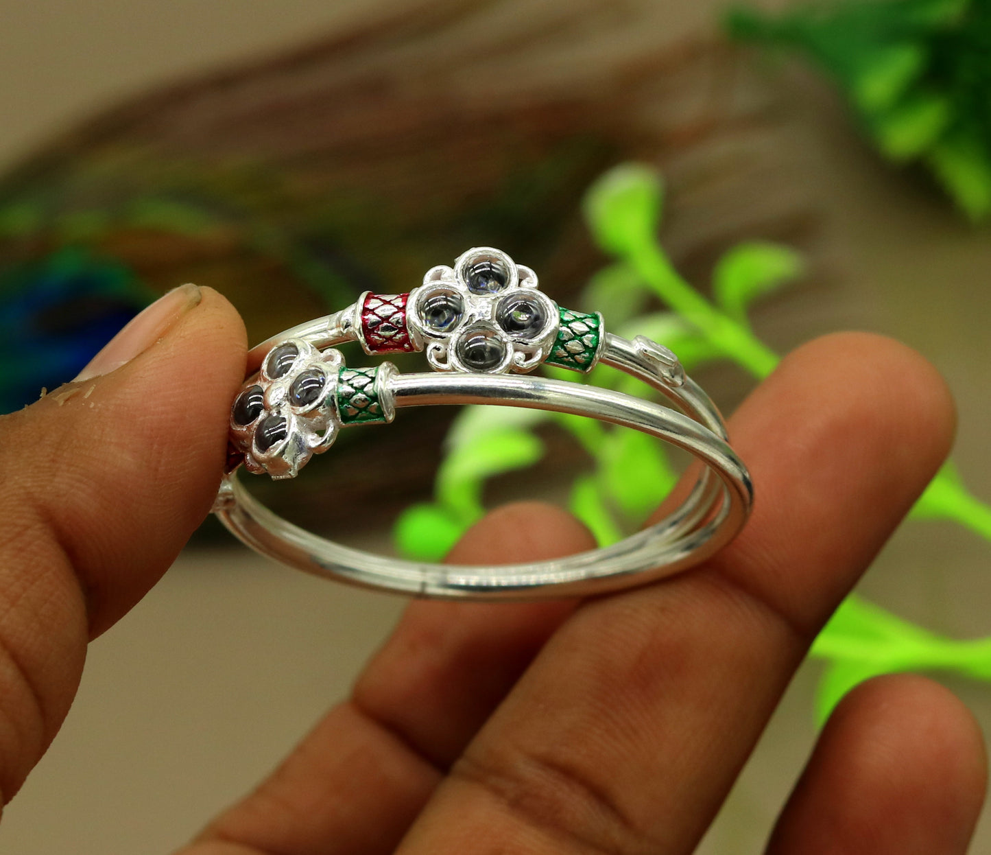 solid silver handmade customized design excellent stone new born baby bangle bracelet kada, fabulous unisex kids jewelry nbbk81 - TRIBAL ORNAMENTS