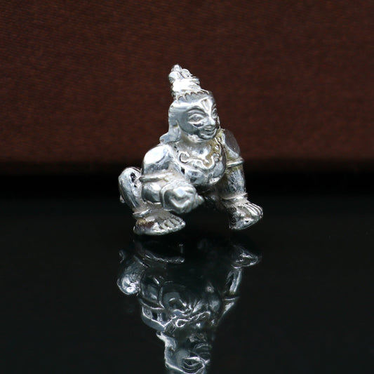 Solid silver handmade Hindu idol little Krishna, Ladu Gopal, small statue sculpture home temple Balgopal puja art, crawling krishna su198 - TRIBAL ORNAMENTS
