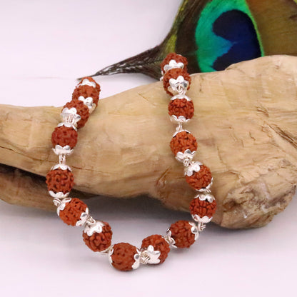 Solid silver handmade Rudraksha beads bracelet from Rajasthan, India, 8.5 inches long, crafted by Tribal Ornaments.