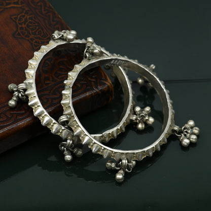 Solid silver vintage Banjara bangle bracelet with jingling bells, traditional Indian tribal jewelry for girls.