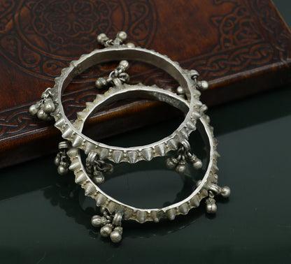 Solid silver vintage Banjara bangle bracelet with jingling bells, traditional Indian tribal jewelry for girls by TRIBAL ORNAMENTS.
