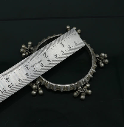 Solid silver vintage Banjara bangle bracelet with jingling bells, traditional Indian tribal jewelry for girls by TRIBAL ORNAMENTS.
