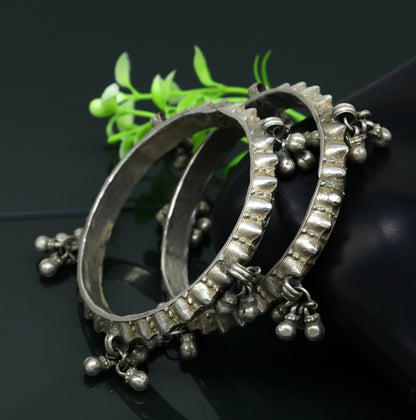 Solid silver vintage Banjara bangle bracelet with jingling bells, Indian ethnic tribal jewelry for girls by Tribal Ornaments.