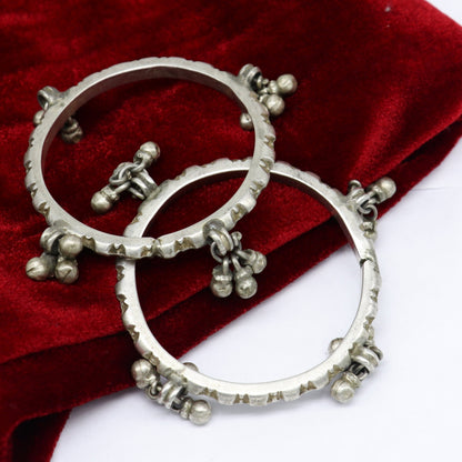Silver vintage Banjara bangle bracelet with jingling bells, traditional Indian tribal jewelry for girls, handmade by TRIBAL ORNAMENTS.