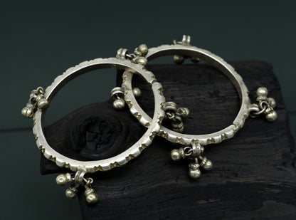 Solid silver vintage Banjara bangle bracelet with jingling bells, traditional Indian tribal jewelry for girls, by TRIBAL ORNAMENTS.