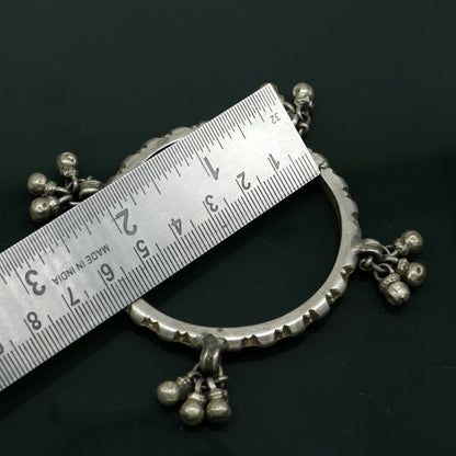 Solid silver vintage Banjara bangle bracelet with jingling bells, traditional Indian tribal jewelry for girls by Tribal Ornaments.