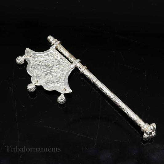 Solid silver pankhi, floral design small fan or pankhi for god puja, best gifting to laddu gopala krishna, silver hand driven fan su590 - TRIBAL ORNAMENTS