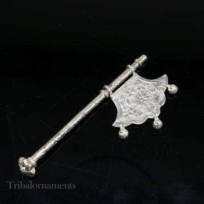 Solid silver pankhi, floral design small fan or pankhi for god puja, best gifting to laddu gopala krishna, silver hand driven fan su590 - TRIBAL ORNAMENTS