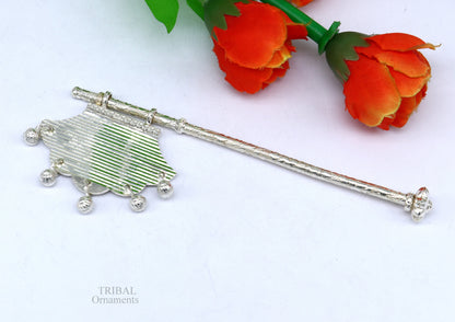 Solid silver pankhi, vintage design small fan or pankhi for god puja, best gifting to laddu gopala krishna, silver hand driven fan su686 - TRIBAL ORNAMENTS